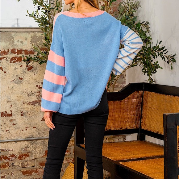 🆕🌿🩵SEW IN LOVE: NEON CORAL/ DENIM L/S Striped Sweater SMALL - Picture 5 of 6